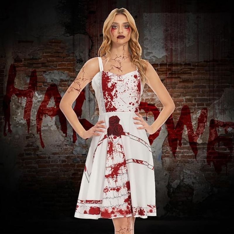 Zombie Party Games - ชุดแฟนซีฮาโลวีนลายผีสิง ชุดเดรสสายเอี๊ยมลายเปื้อนเลือด ชุดคอสเพลย์เจ้าสาวซอมบี้สุดหลอน ชุดปาร์ตี้แฟนซีสำหรับงานเต้นรำหน้ากาก