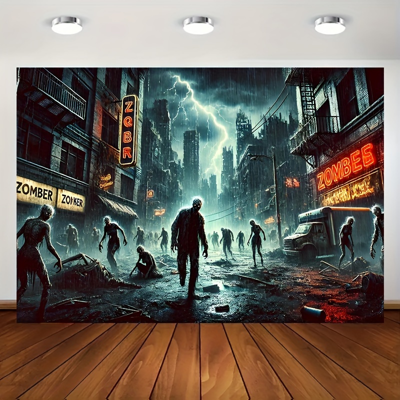 Zombie Party Games - ชุดเกมนักล่าซอมบี้ 1 ชุด ที่ตั้งอยู่ในเมืองหลังวันสิ้นโลก มีป้ายโพลีเอสเตอร์สีสันสดใส ไม่ต้องใช้ไฟฟ้า