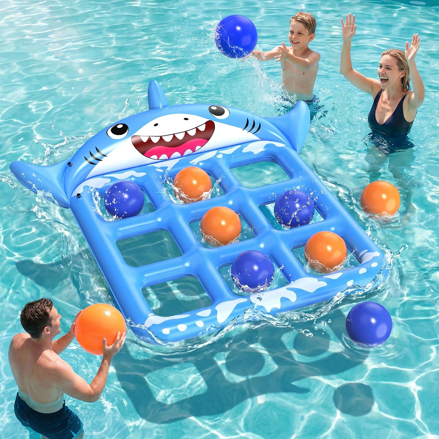 Party Family Games - ของเล่นสระน้ำสำหรับเด็กและผู้ใหญ่, เกมติ๊กแท๊กโทแบบลอยน้ำขนาดใหญ่ 72”x54” พร้อมลูกบอล 10 ลูก,